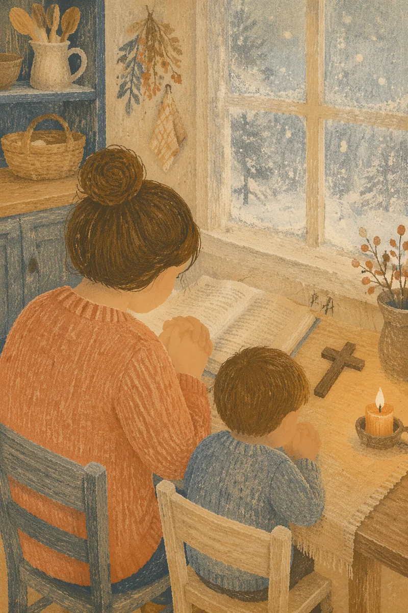 Mother and Child Praying on Winter Morning