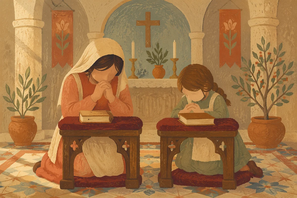 Mother and Child Praying in Winter Chapel