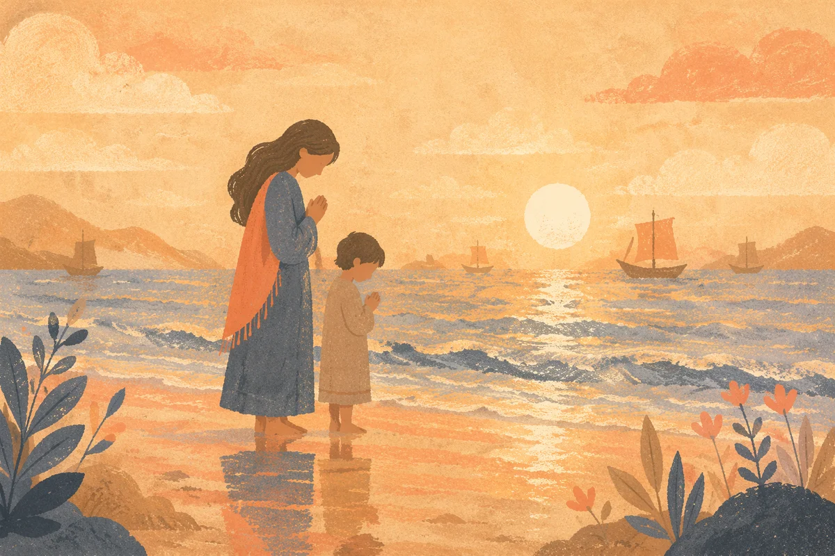 Mother and Child Praying at Shoreline