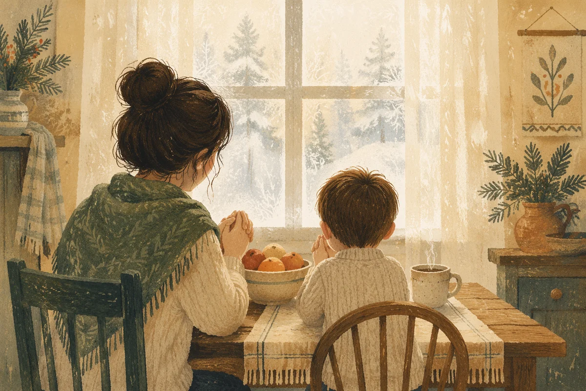 Mother and Child Praying in Winter Light
