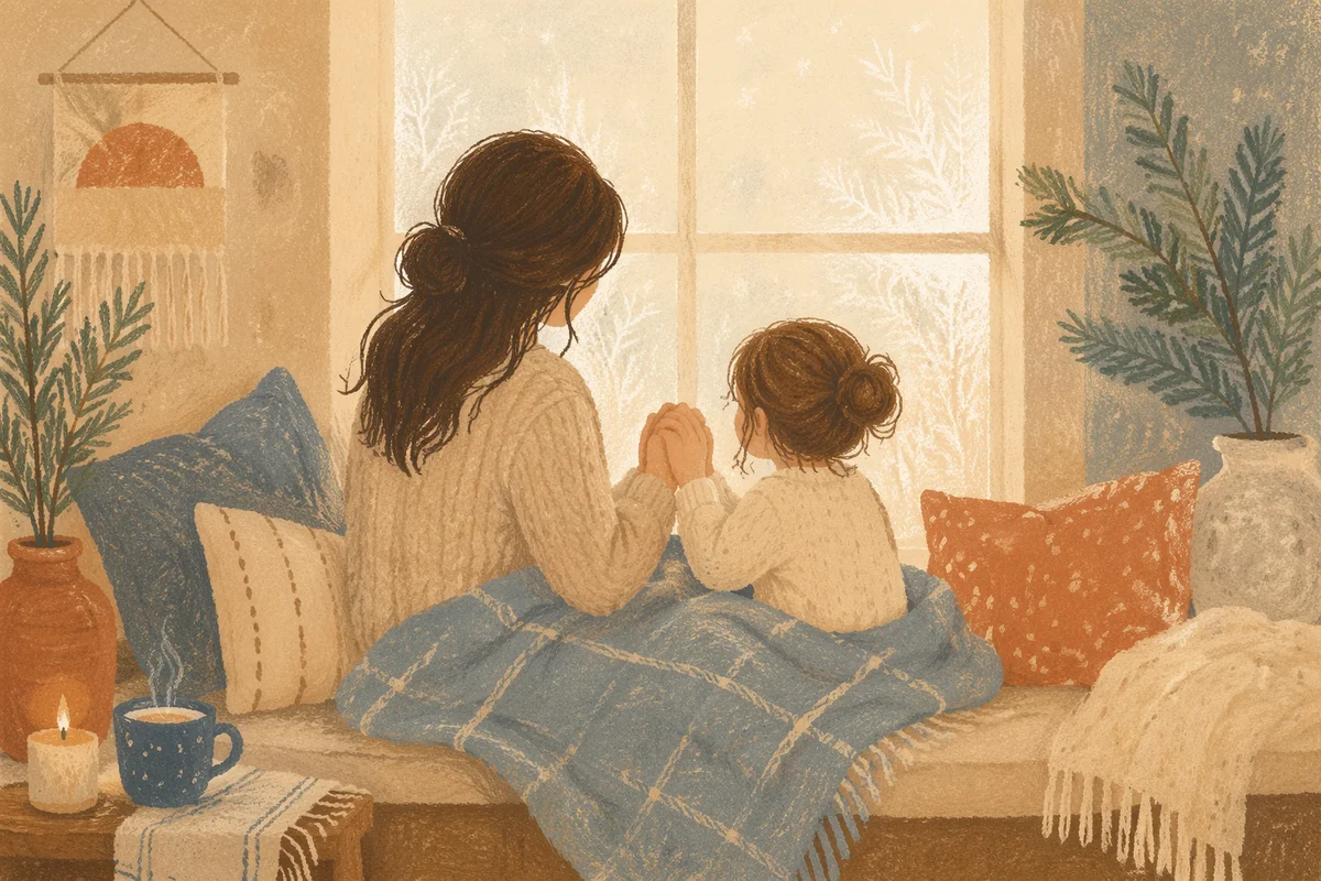 Mother and Child Praying by Winter Window