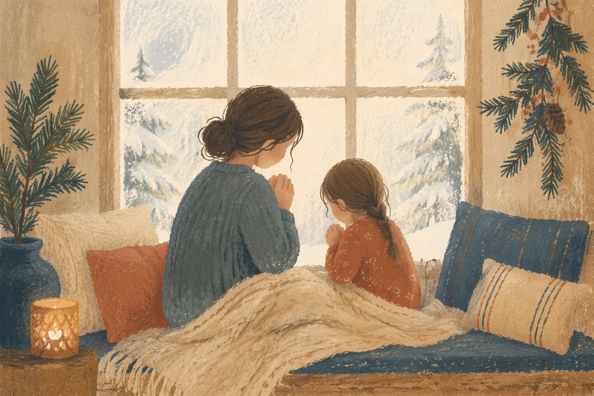 Mother and Child Winter Prayer by Window