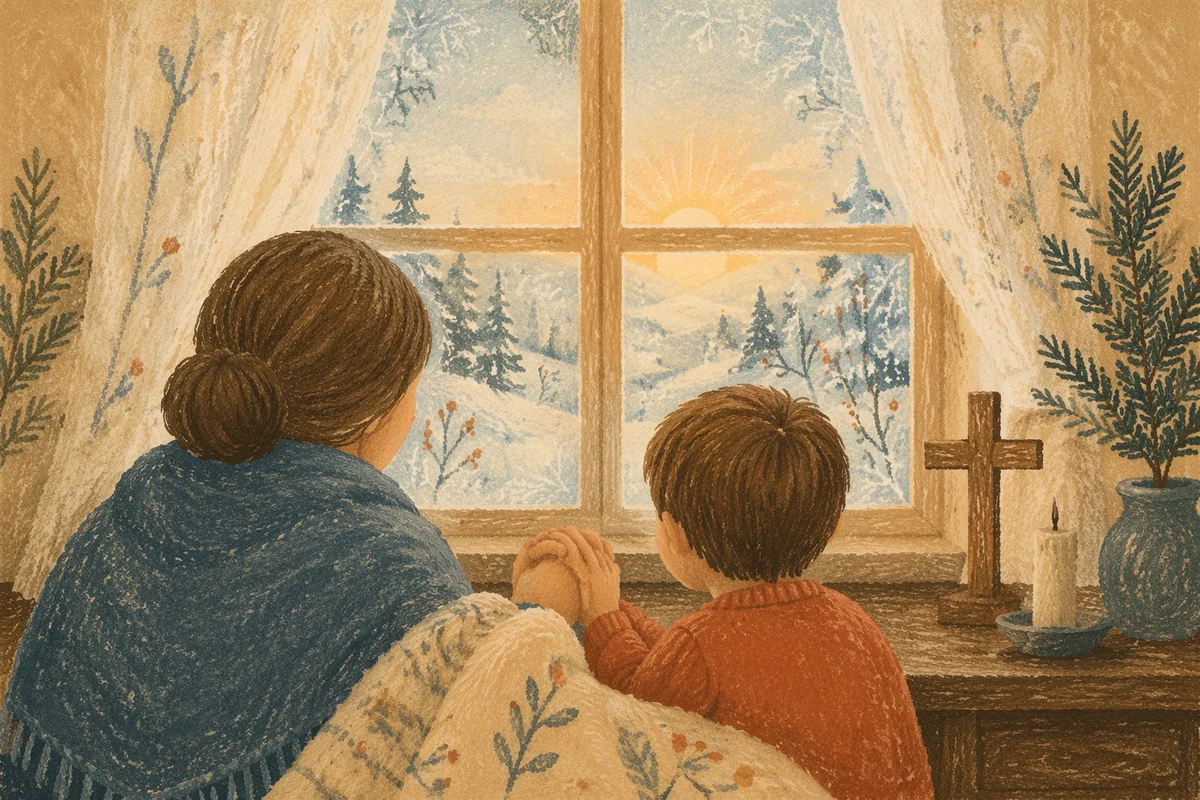 Mother and Child Praying by Winter Window