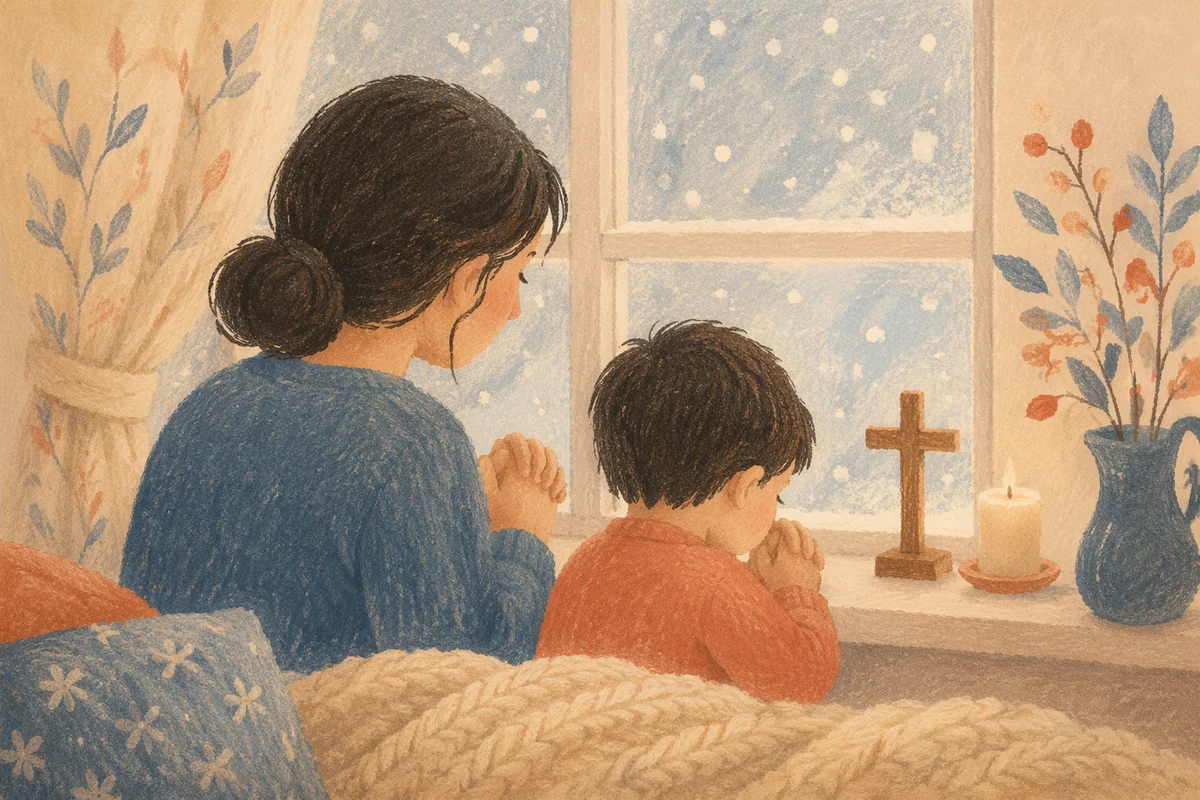 Mother and Child Praying by Frosted Window