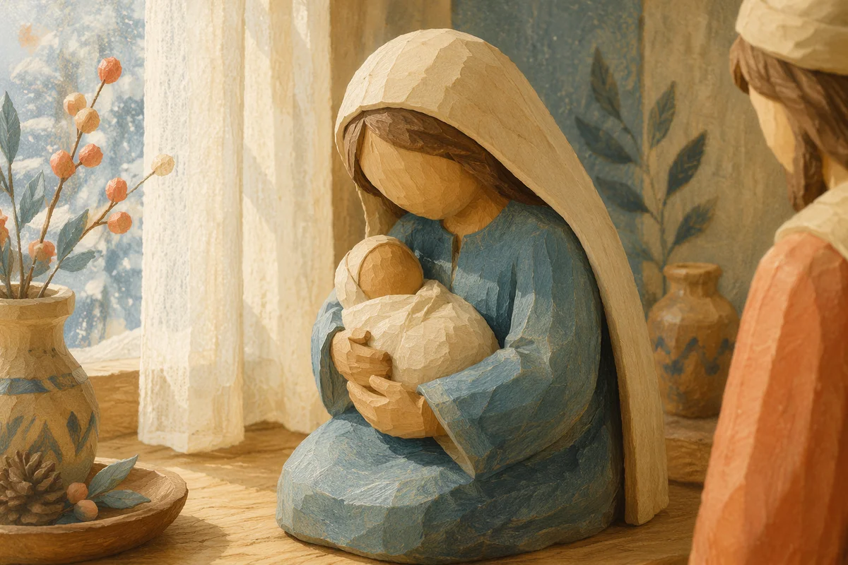 Praying Mother and Child Wooden Figurine