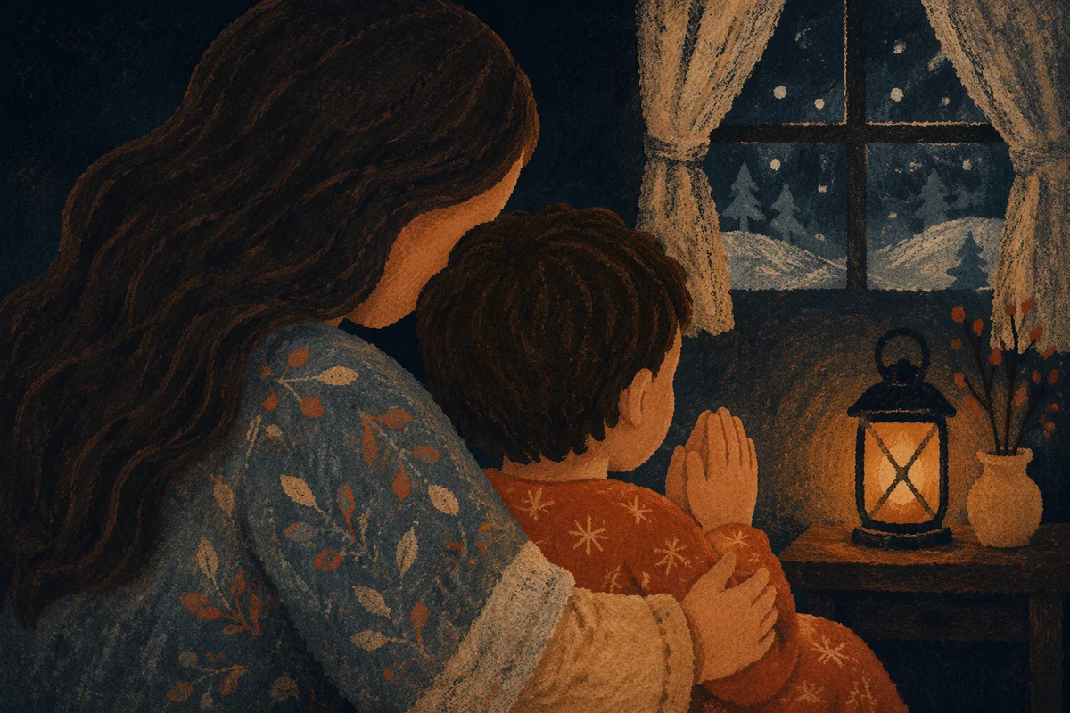 Mother and Child Praying in Winter Lamplight