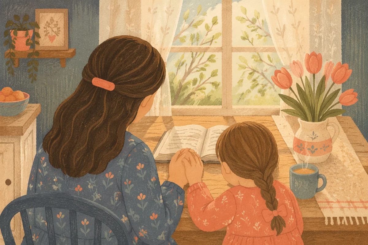 Mother and Child Praying in Spring Light