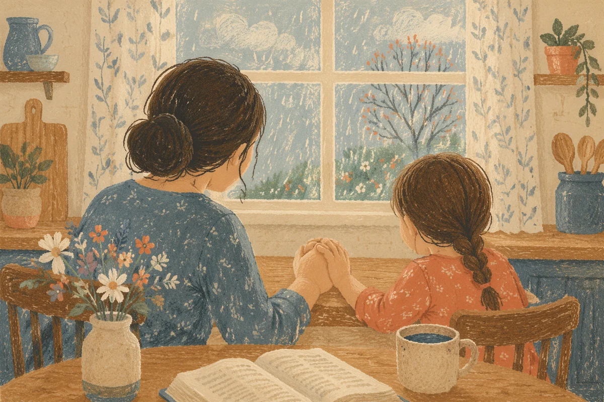 Mother and Child Praying in Spring Light