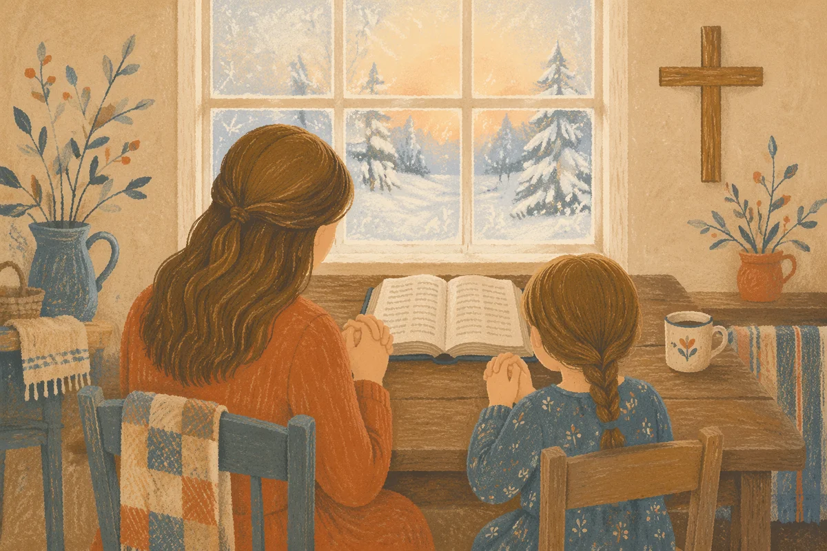 Mother and Child Praying on Winter Morning
