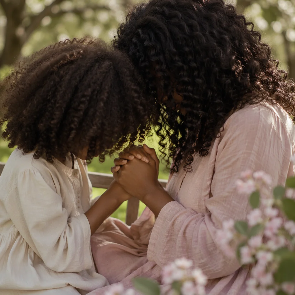 Mother and Child Praying in Spring Garden