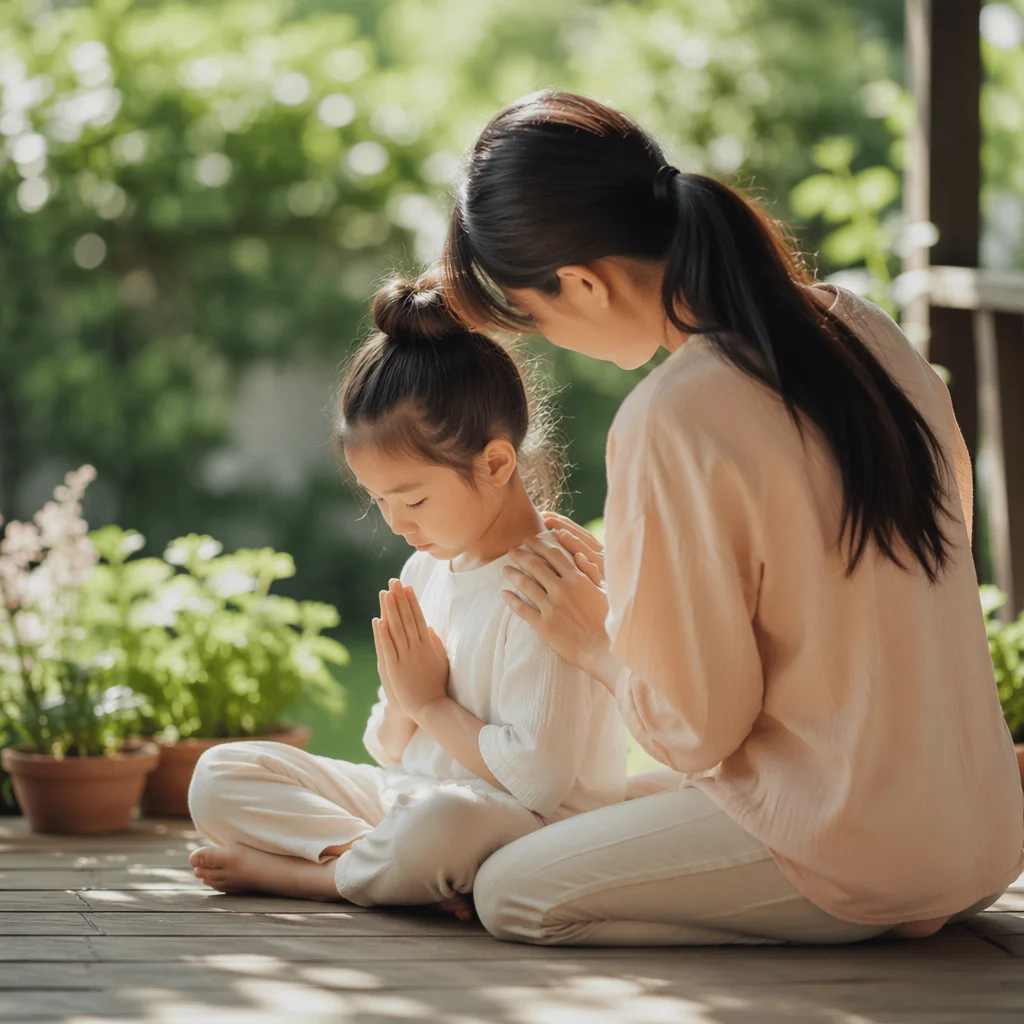 Mother and Child Praying in Spring Light