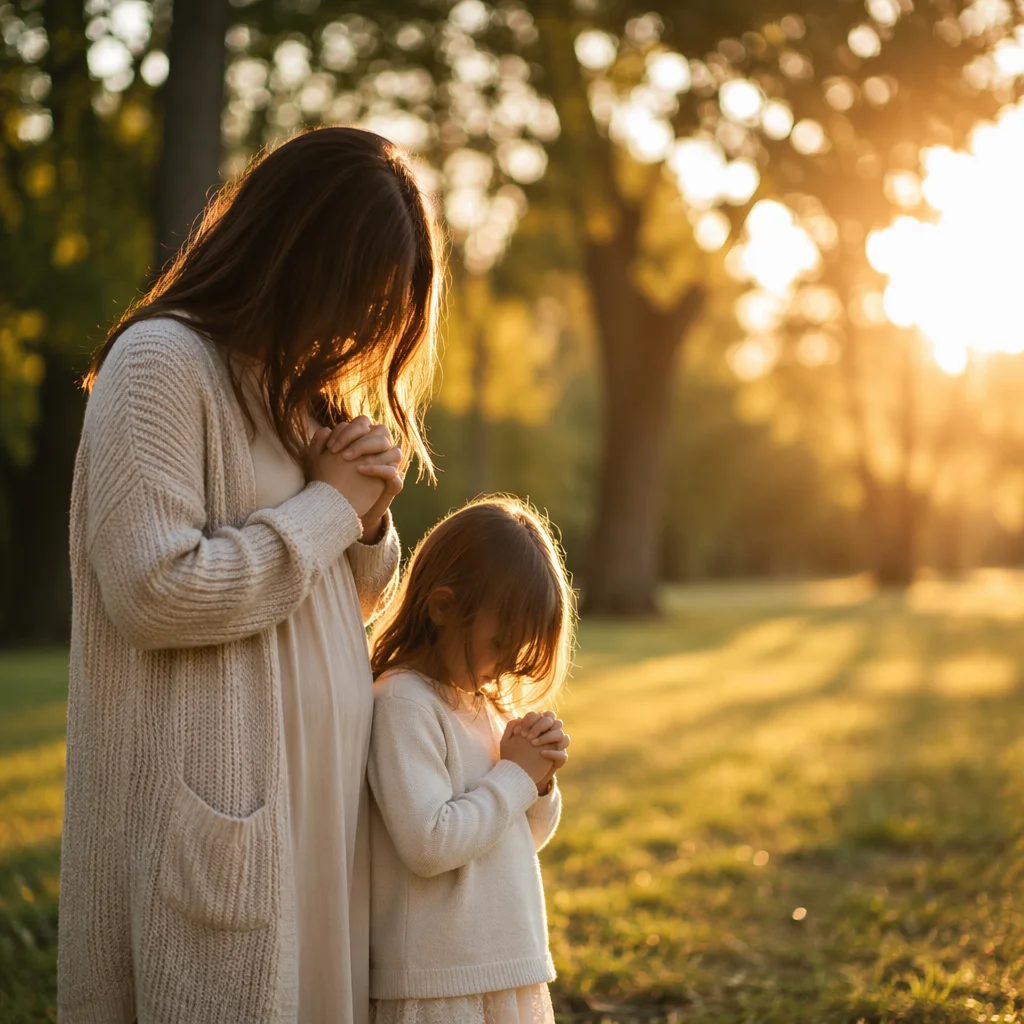 Mother and Child Praying in Golden Park