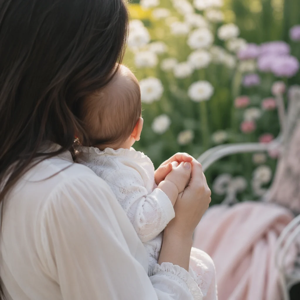 Mother and Infant Praying in Spring Garden