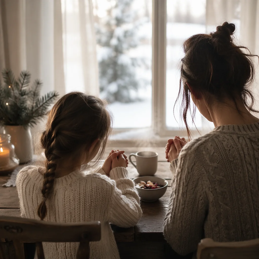 Mother and Child Praying on Winter Morning