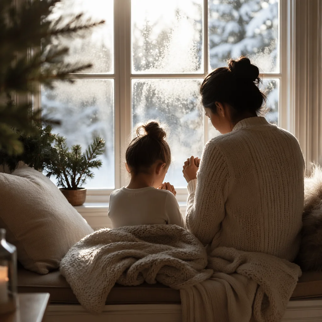 Mother and Child Praying in Winter Light