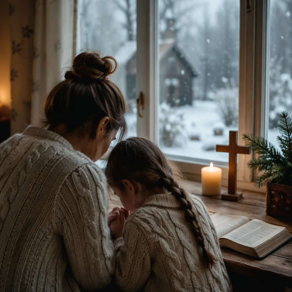 Mother and Child Praying by Winter Window