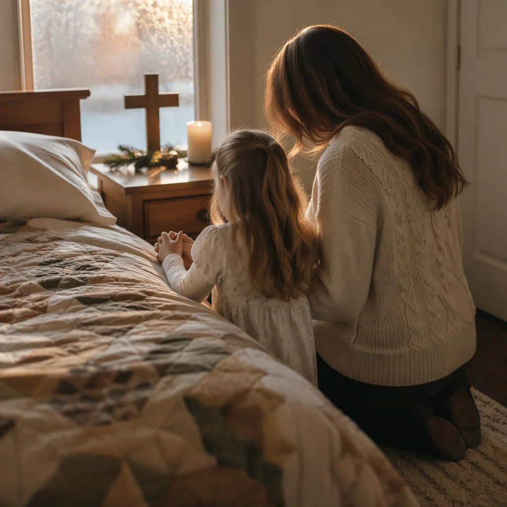 Mother and Child Praying on Winter Morning