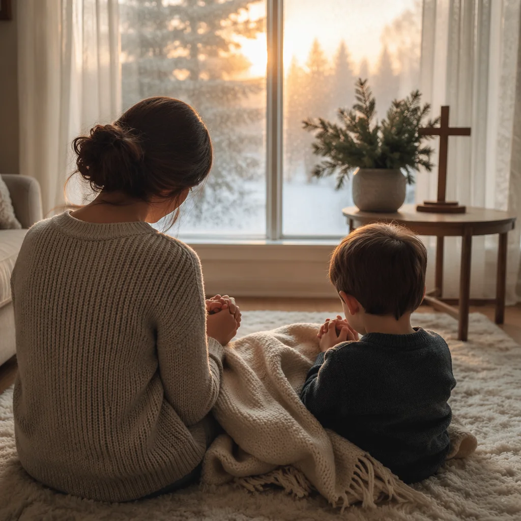 Mother and Child Praying by Winter Window