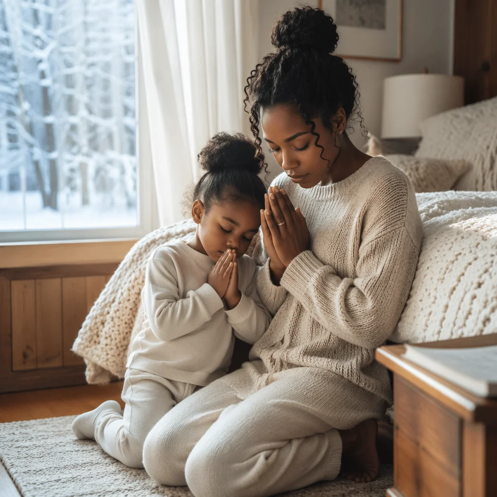 Mother and Daughter Praying in Winter Light