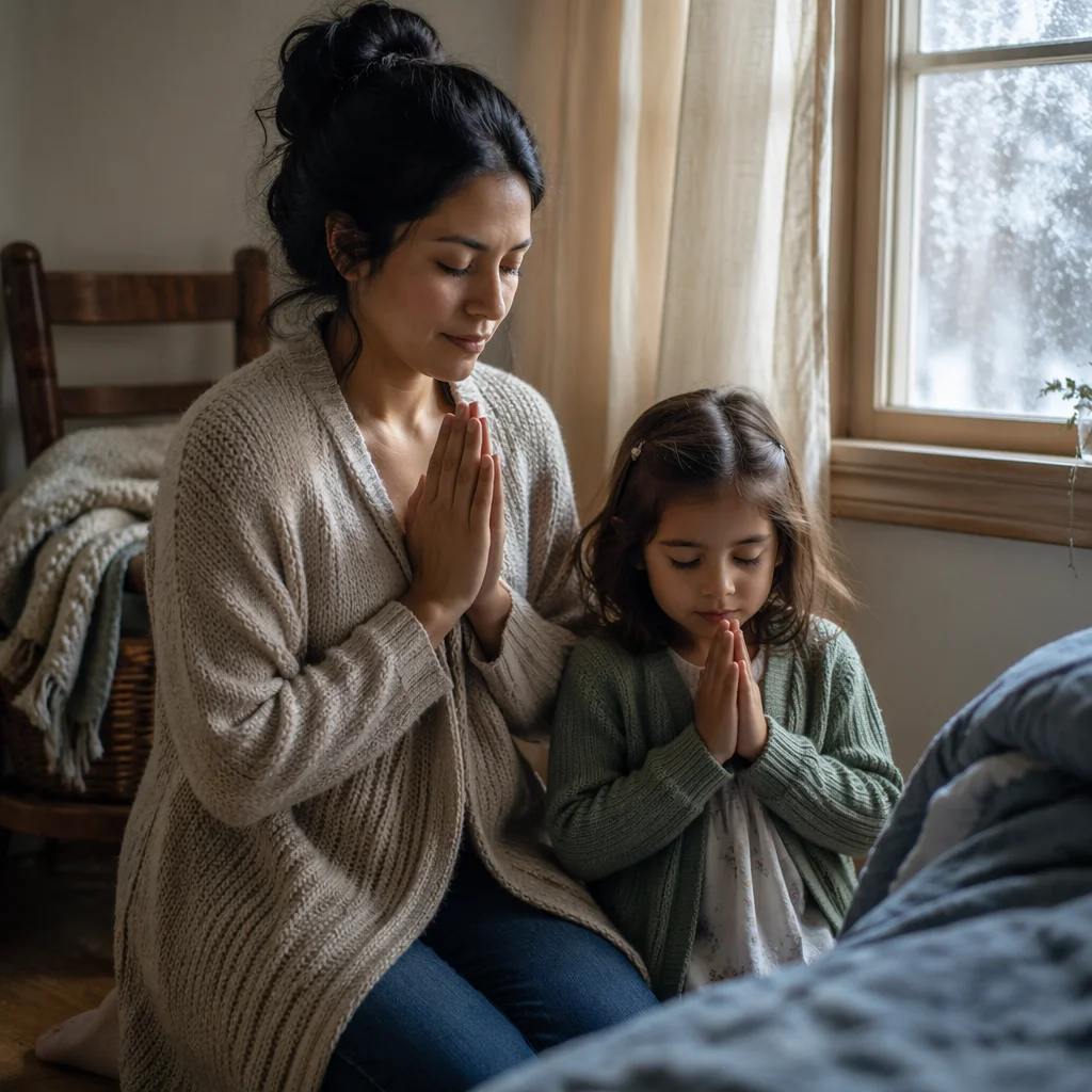 Mother and Daughter Praying by Window
