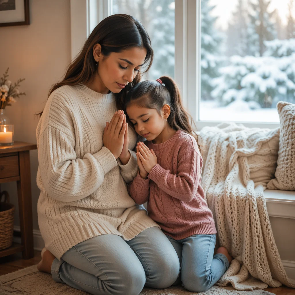 Mother and Daughter Praying by Window