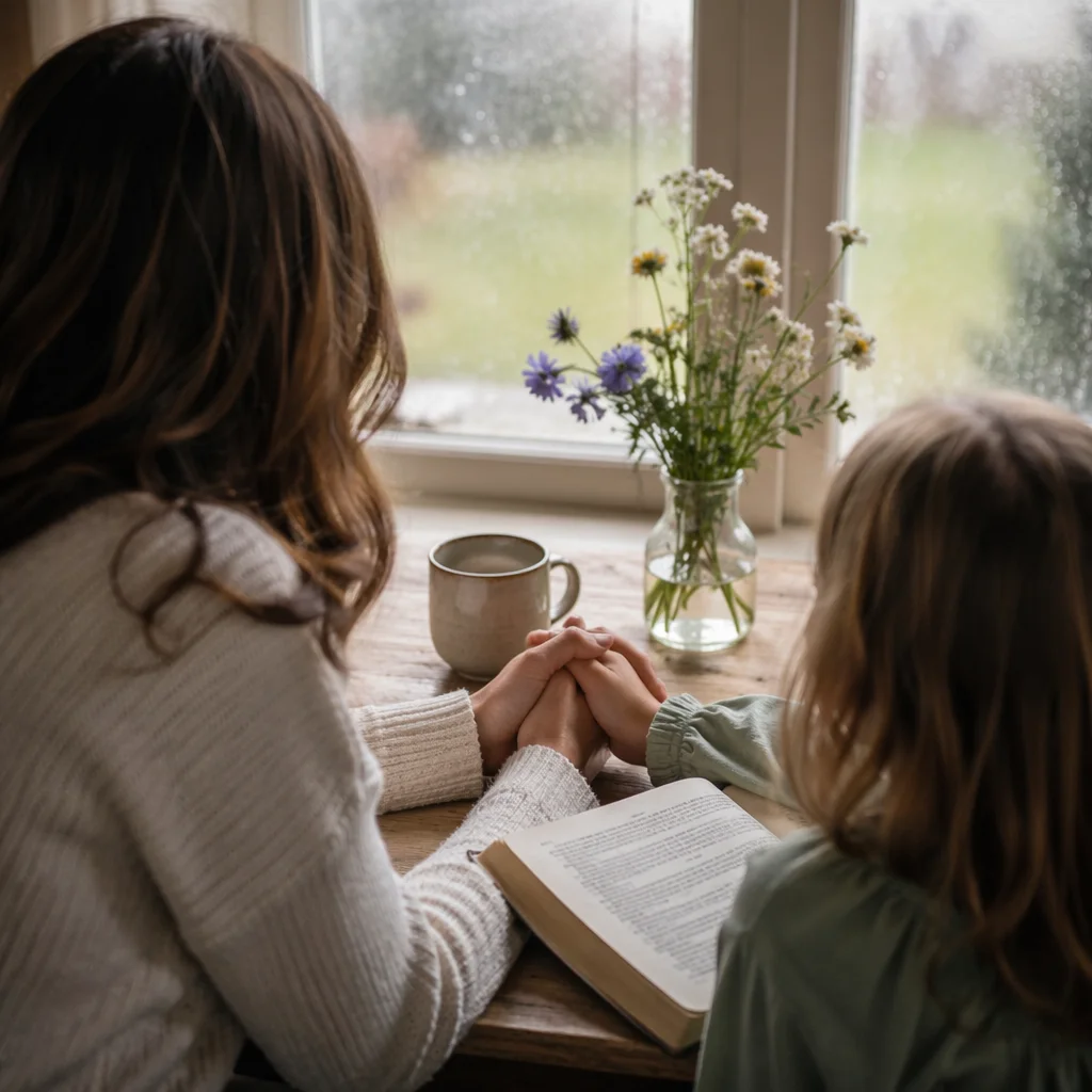 Mother and Child Praying in Spring Light