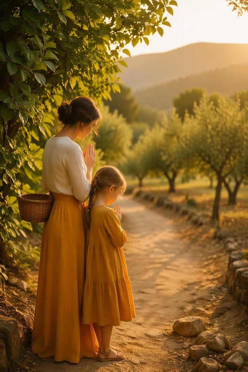 Mother and Child Praying on Garden Path