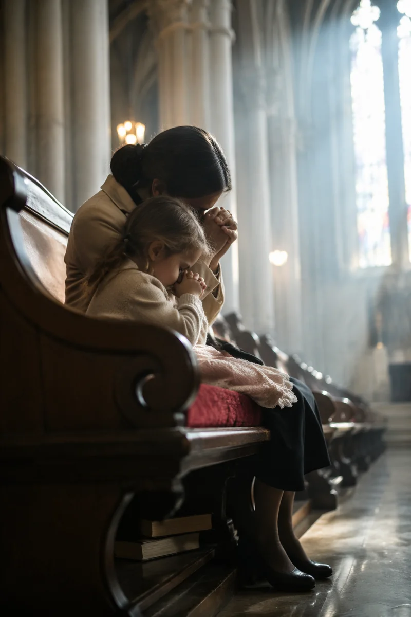 Mother and Child Praying in Winter Light