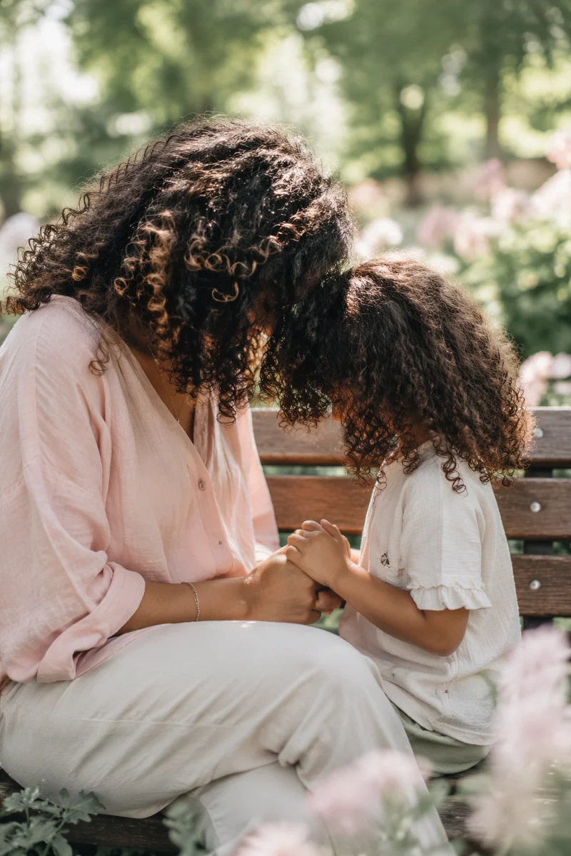 Mother and Child Praying in Spring Garden