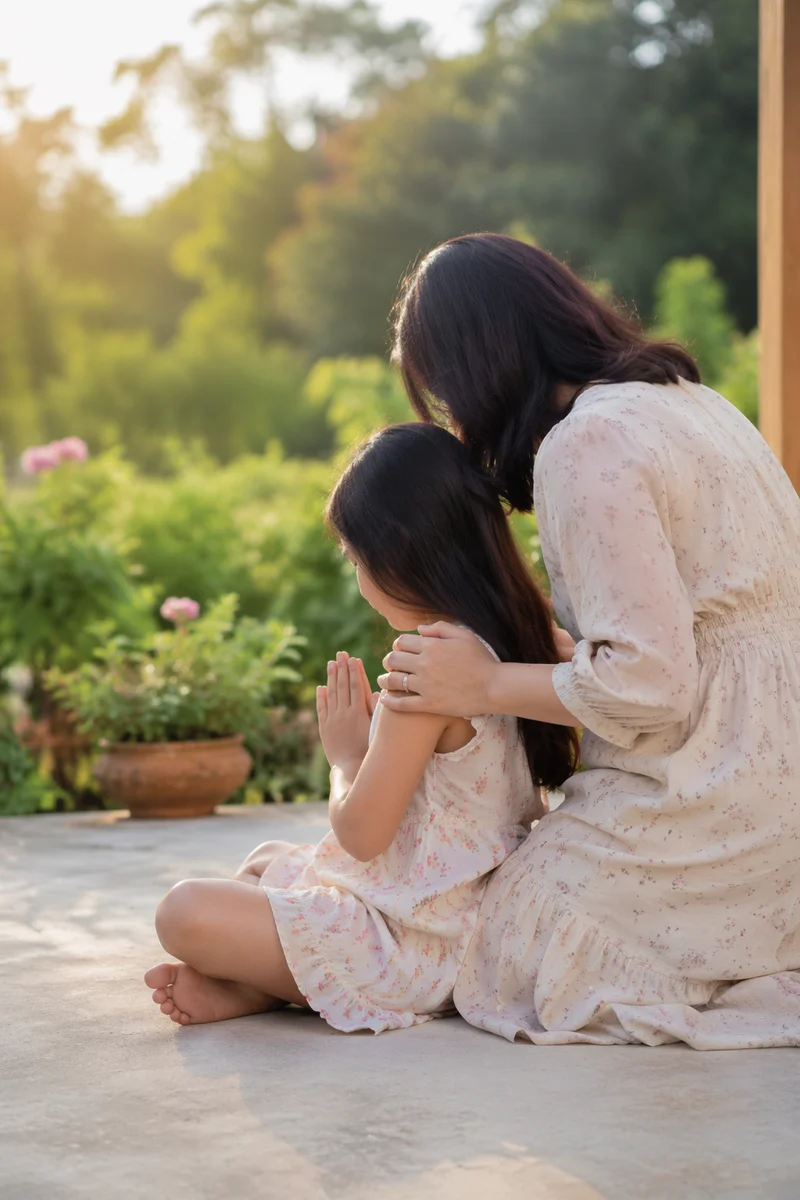 Mother and Child Praying in Spring Light