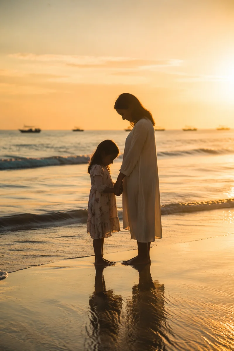 Mother and Child Praying at Golden Shoreline