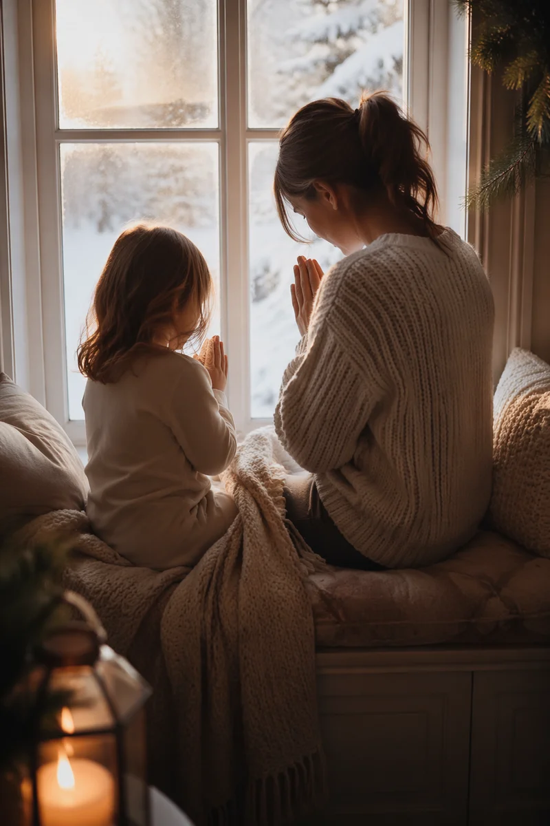 Mother and Child Praying on Winter Morning