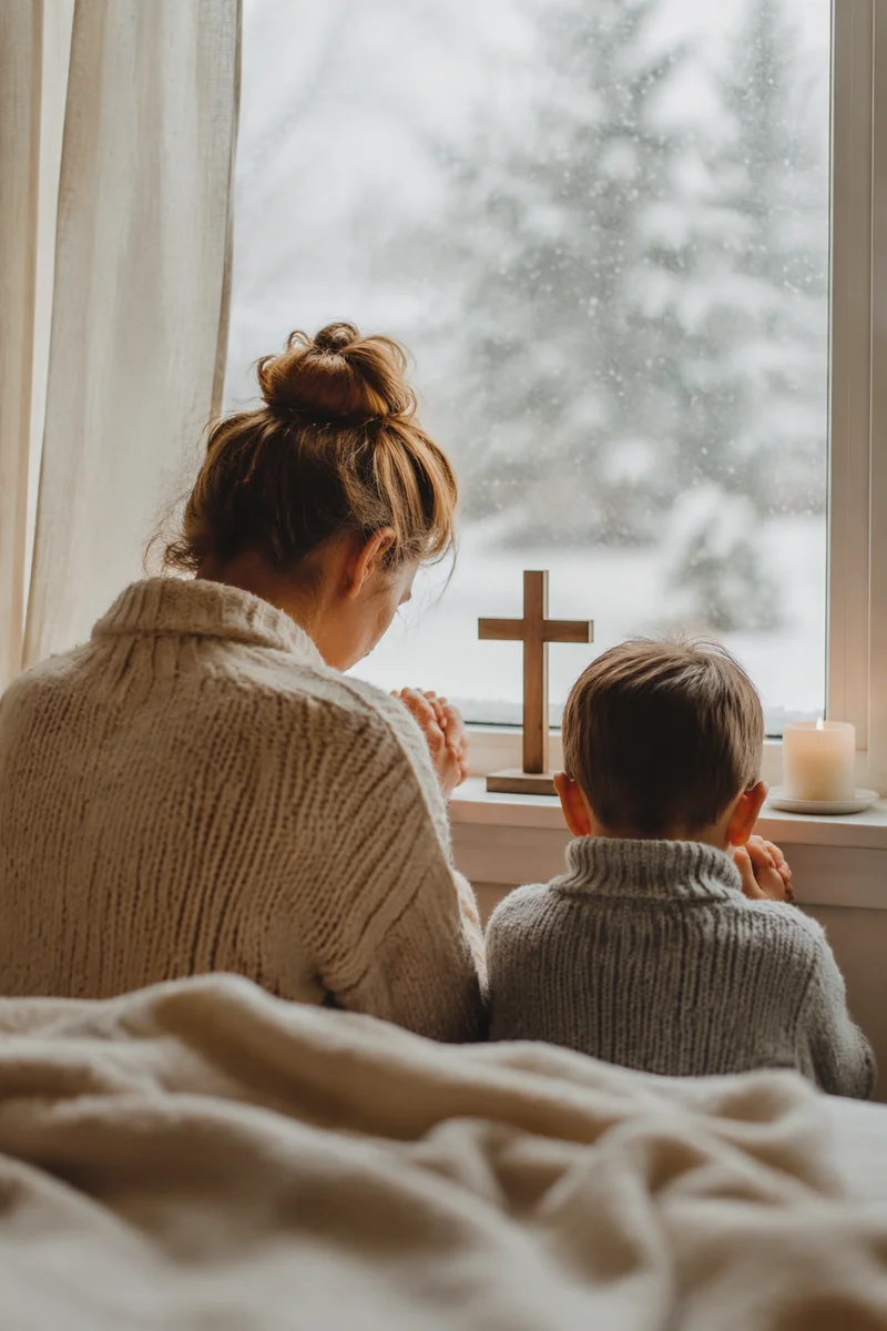 Mother and Child Praying by Frosted Window