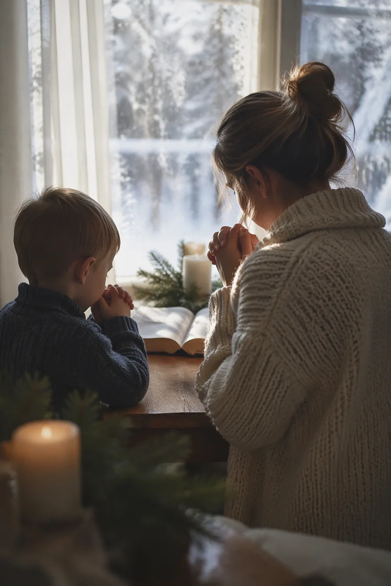 Mother and Child Praying by Frosted Window