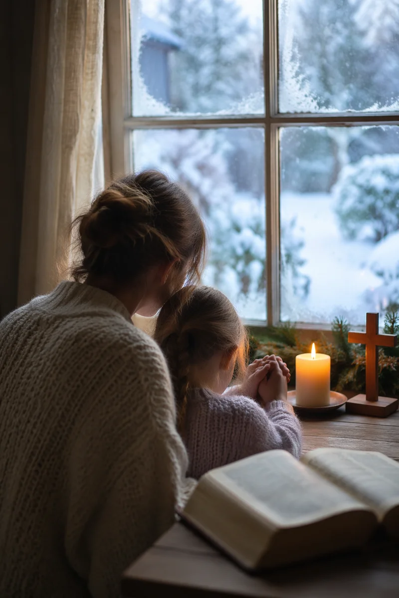 Mother and Child Praying by Winter Window