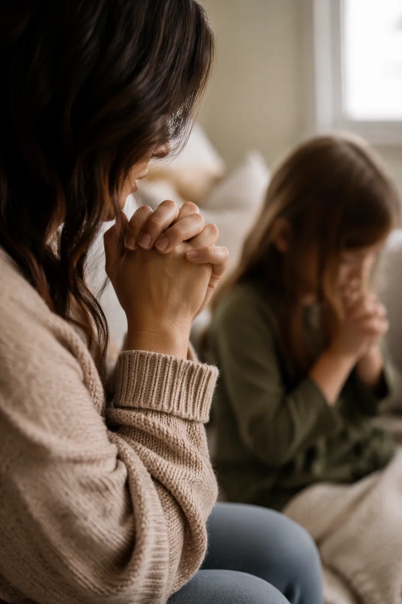 Mother and Child Praying in Soft Light