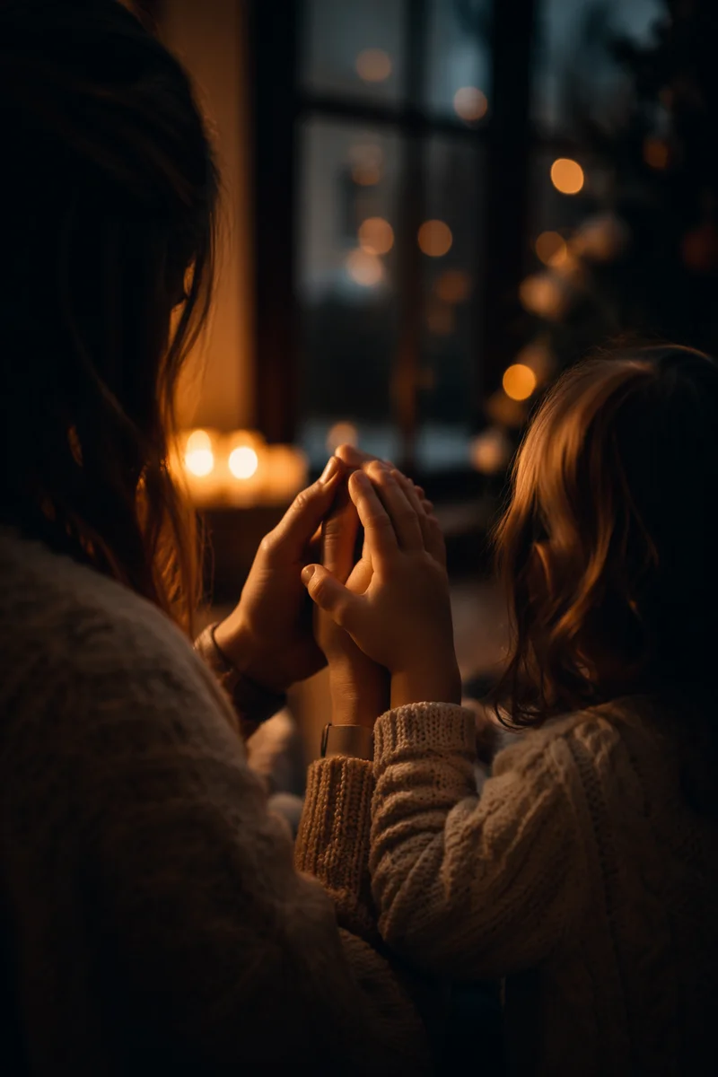 Mother and Child Winter Prayer Close-Up