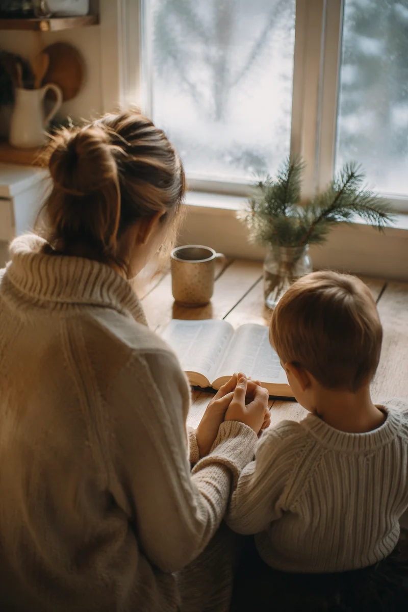 Mother and Child Praying on Winter Morning