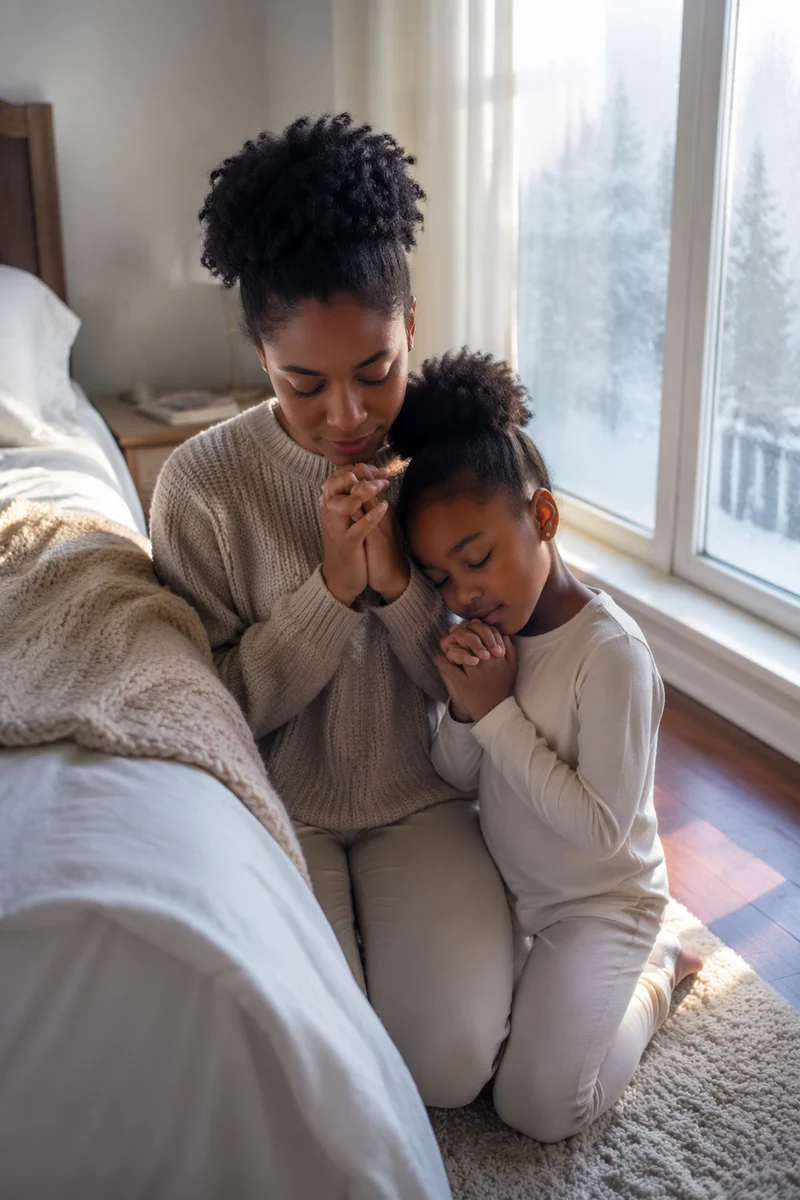 Mother and Daughter Praying in Winter Light