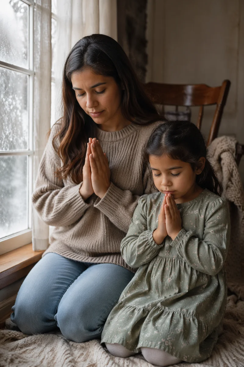 Mother and Daughter Praying by Window
