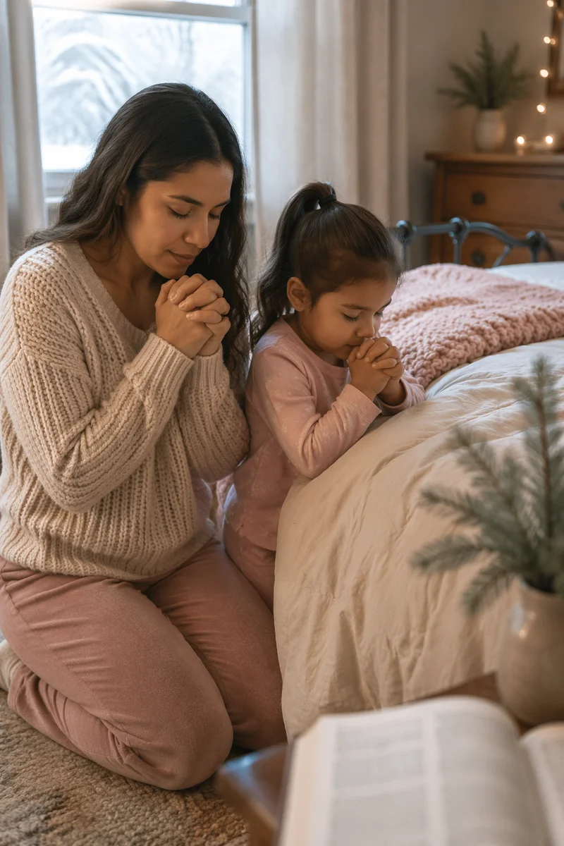 Mother and Daughter Praying by Bed