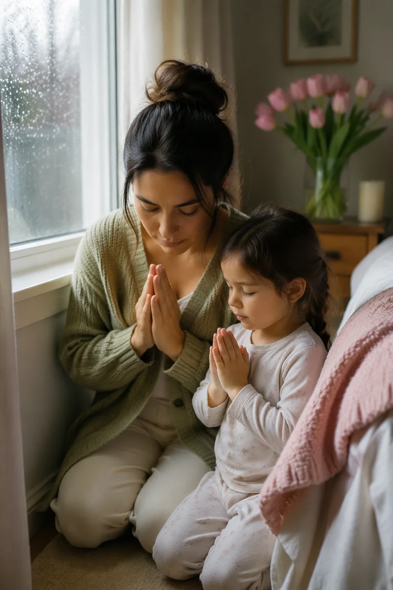 Mother and Child Praying by Window