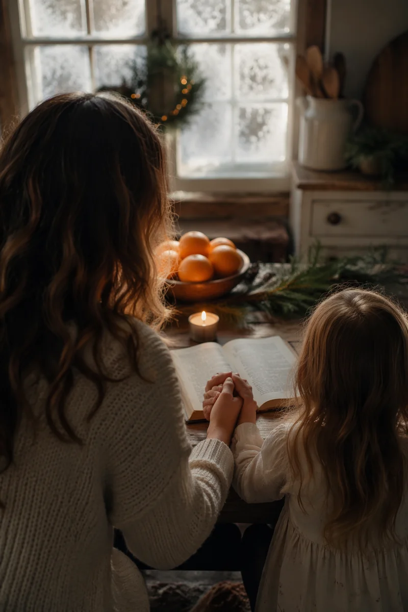 Mother and Child Praying in Winter Light