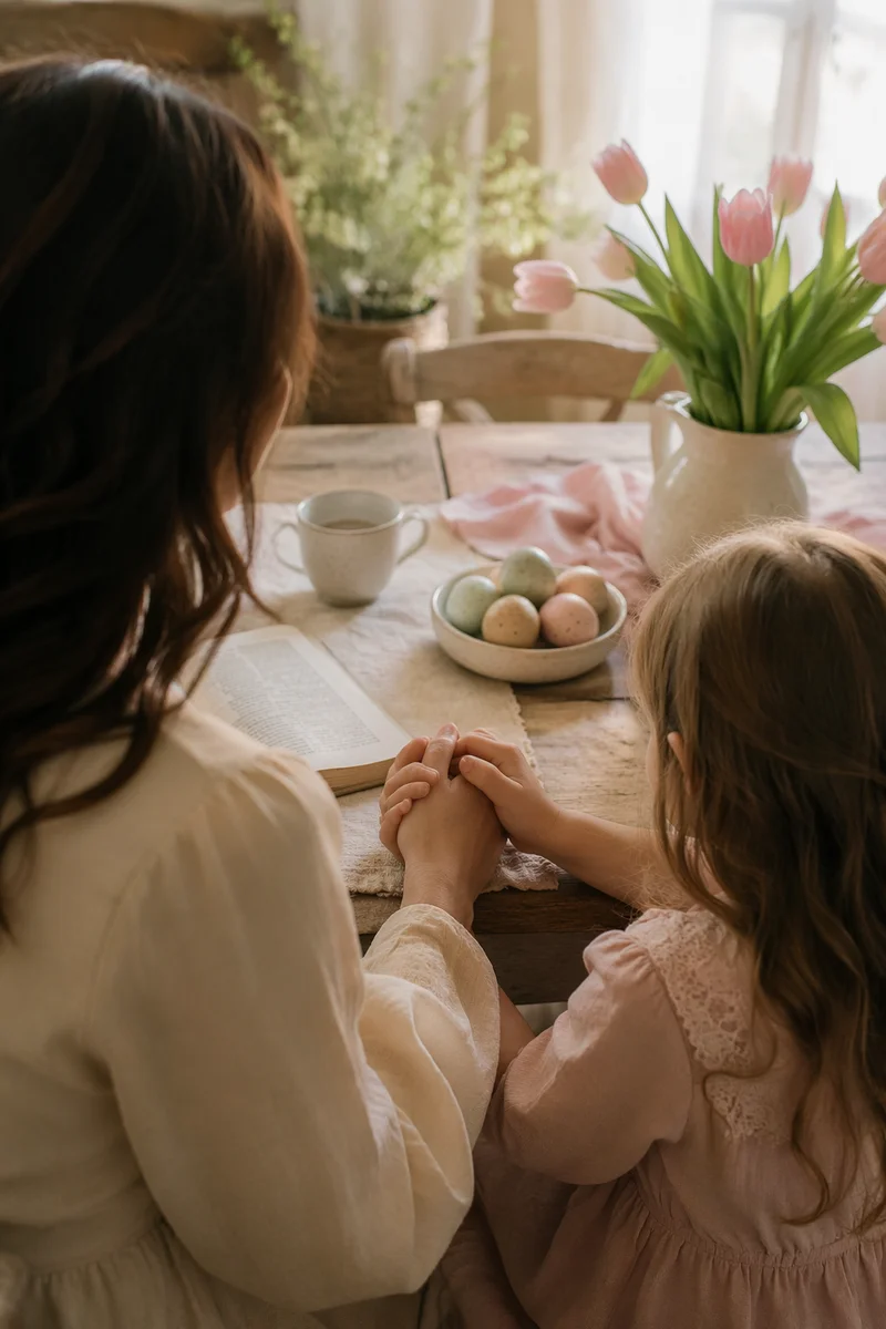 Mother and Child Praying in Spring Light