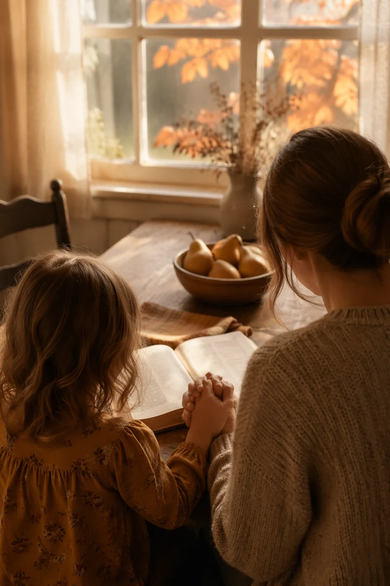 Mother and Child Praying in Autumn Light