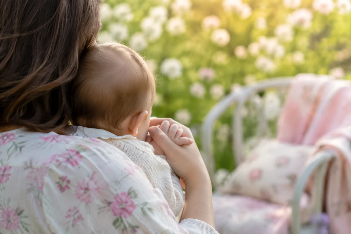 Mother and Infant Praying in Spring Garden