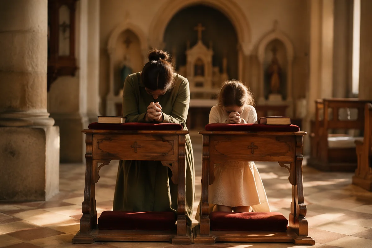 Mother and Child Praying in Winter Chapel