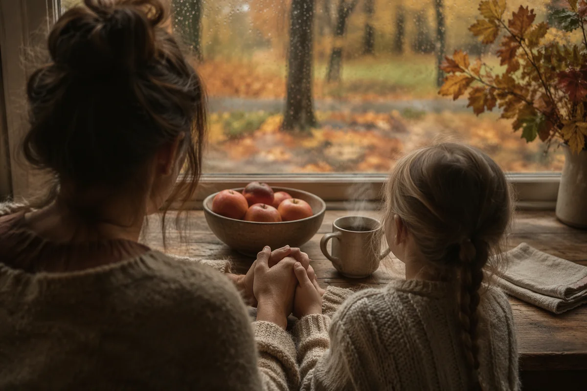 Mother and Child Praying on Autumn Morning