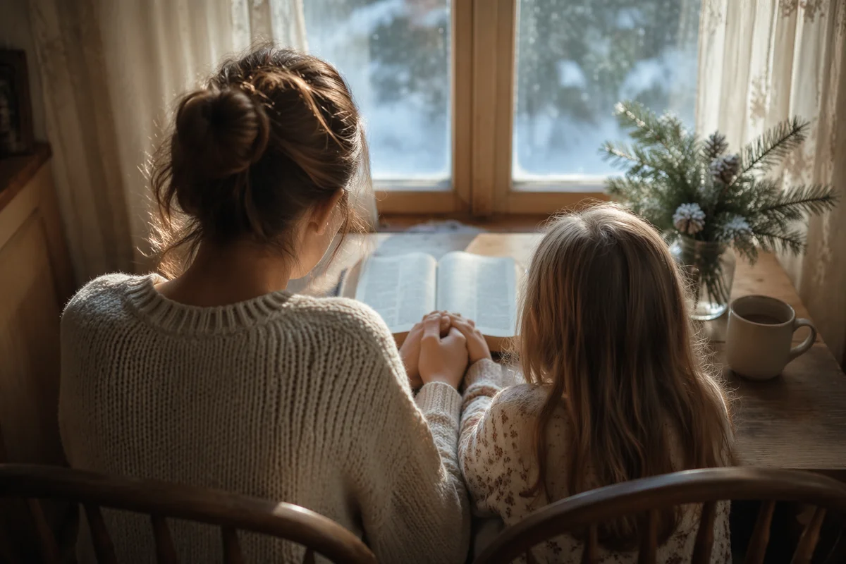 Mother and Child Praying in Winter Light