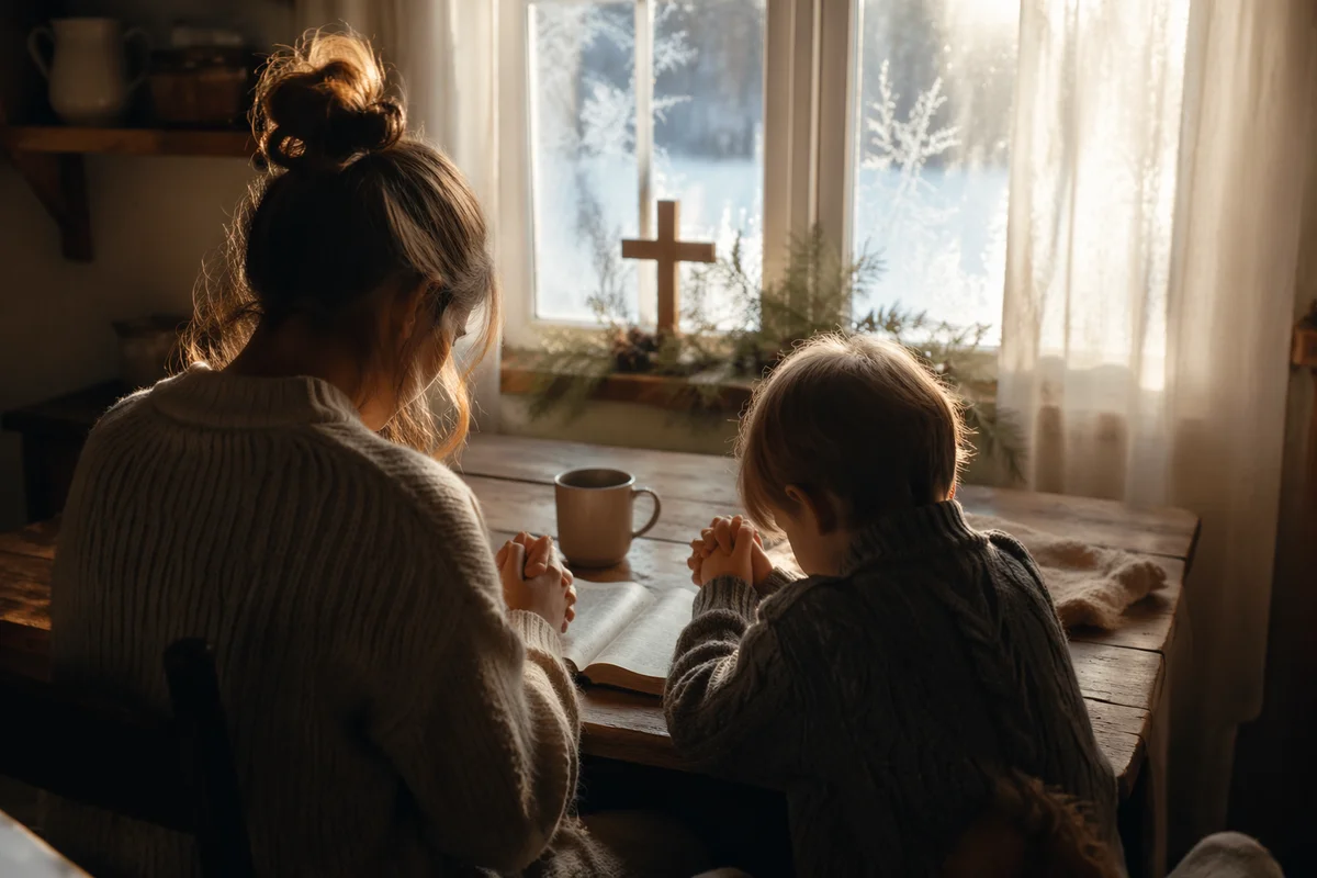 Mother and Child Praying by Winter Window